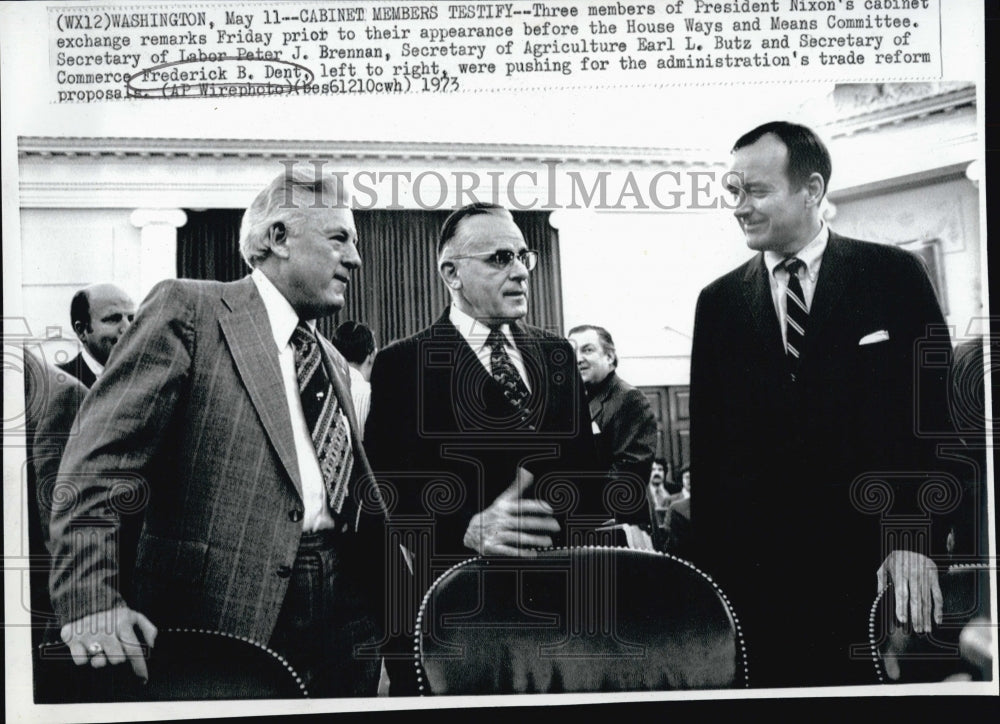 1973 Press Photo Pres Nixon cabinet membersPJ Brennan,EL Butz &amp; FB Dent - Historic Images