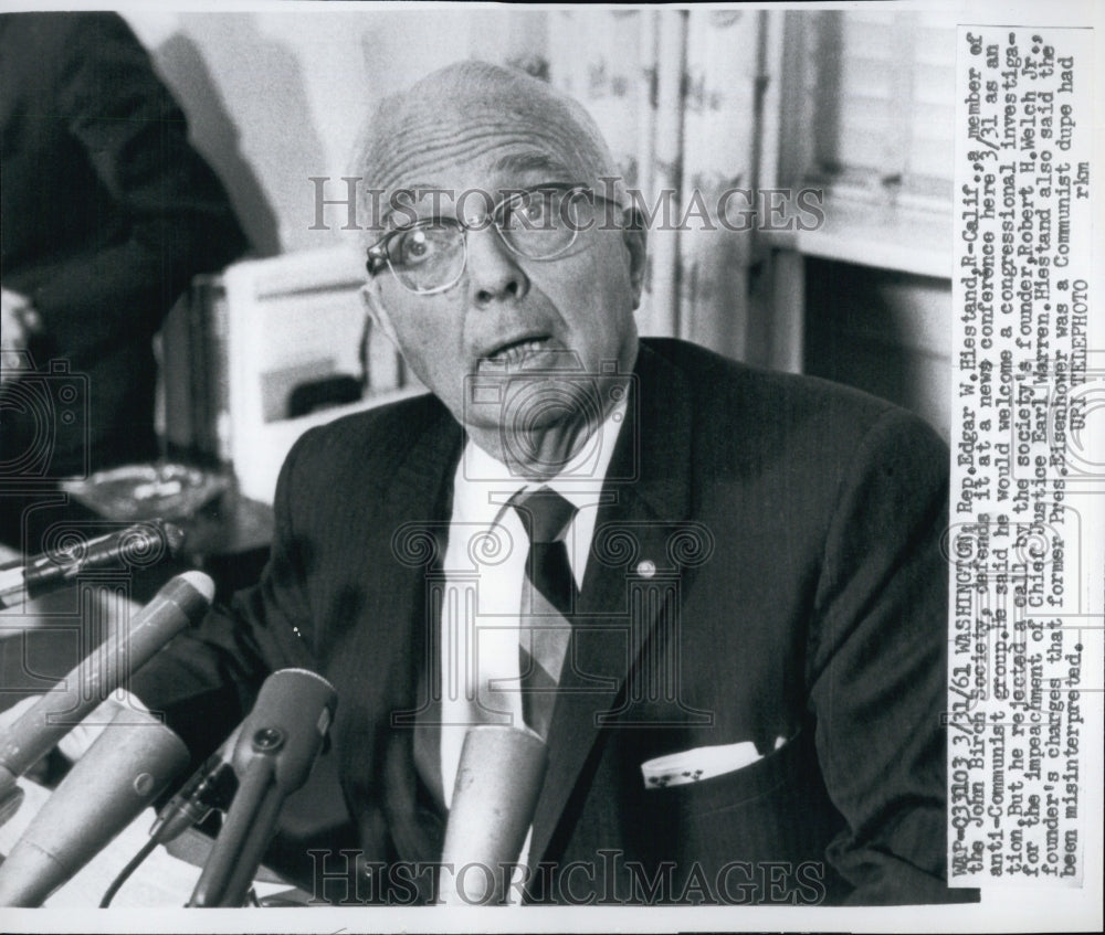 1961 Press Photo Rep. Edgar Hiestand, member of John Birch Society - Historic Images