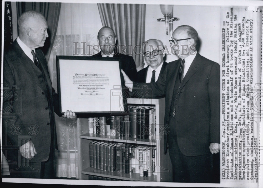 1960 Press Photo President Eisenhower, A. Sonnabend, Dr. J. Slawson, F. Greenman - Historic Images