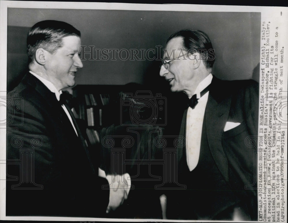 1948 Press Photo Alcide DeGasperi(R) greets Russia&#39;s Amb. Michail Kostiley - Historic Images