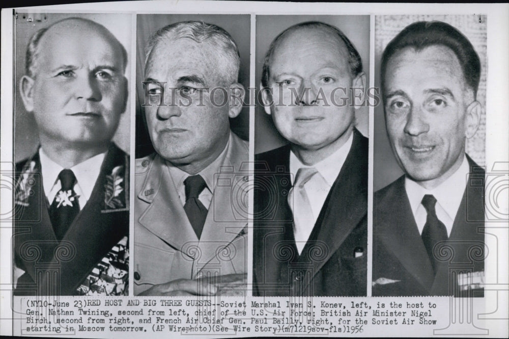 1956 Press Photo Soviet IS Konev,Gen N Twining & N Birch & French Gen P Bailey - Historic Images