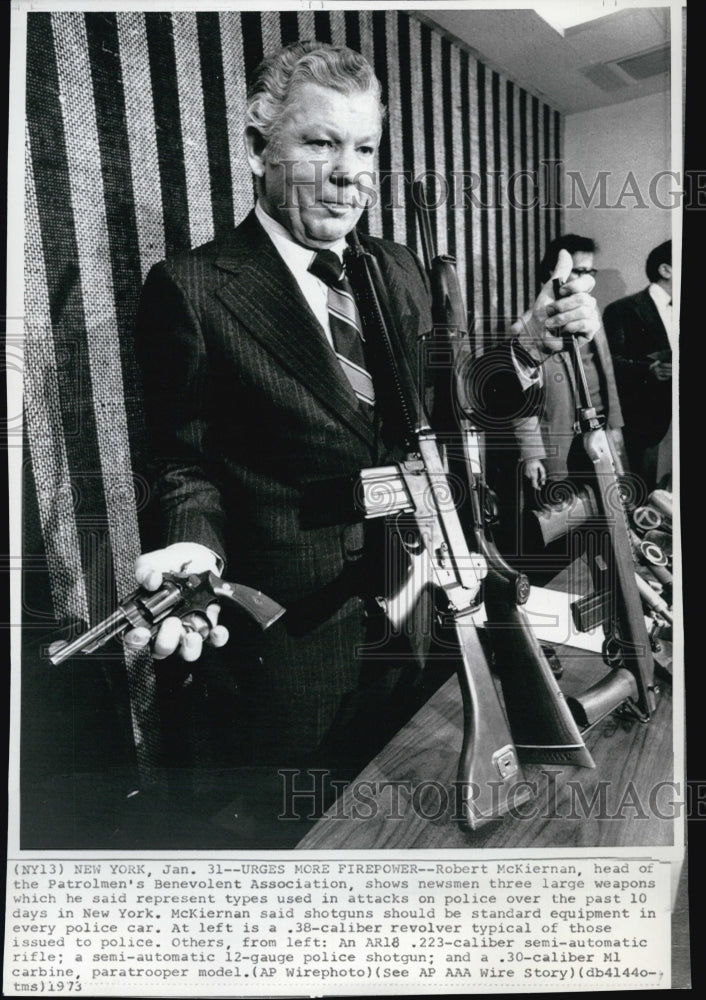 1973 Press Photo Robert Mckiernan shows three large weapons - Historic Images