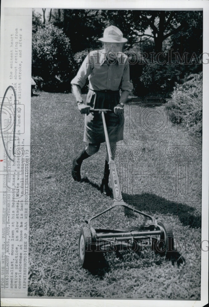 1979 Press Photo Heart specialist Dr. Paul Dudley White mows lawn at home - Historic Images