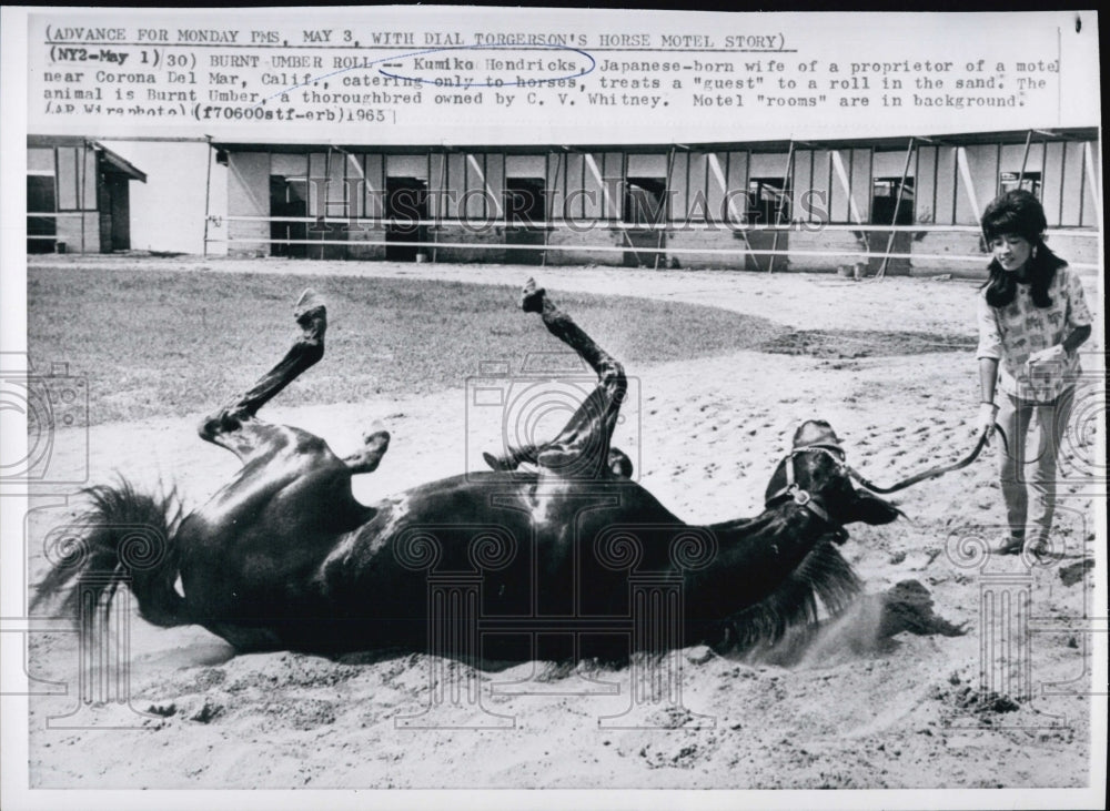 1963 Press Photo Kumiko Hendrickswith Burnt Umber Thoroughbred at Horse Hotel - Historic Images