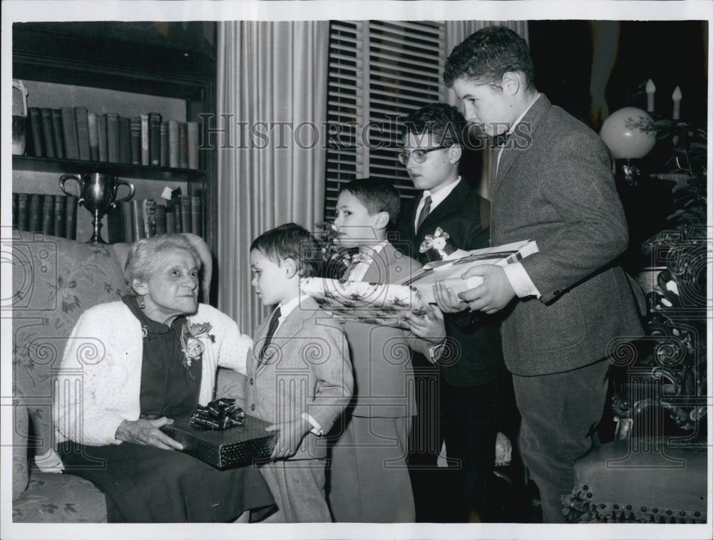 1963 One Hundred Year Old Julia Herbits Receives Christmas Gifts - Historic Images