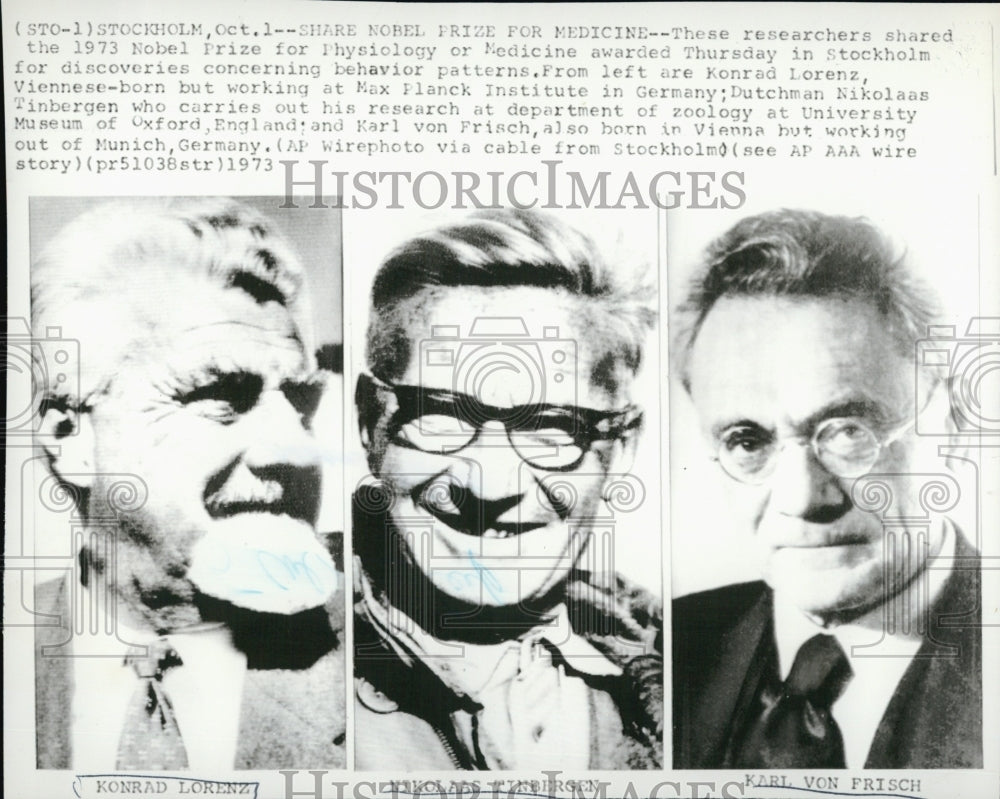 1973 Press Photo Shared Nobel Peace Prize Konrad Lorenz, n TInberg, K von Friach - Historic Images