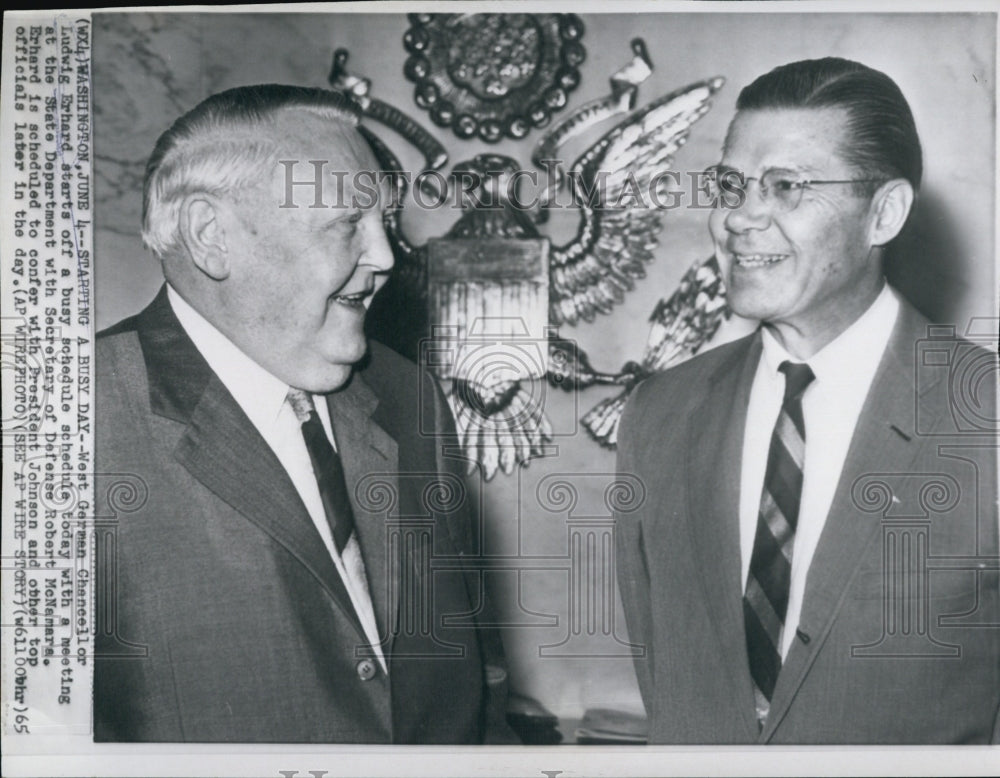 1965 Press Photo West German Chancellor Ludwig Erhard and Robert McNamara - Historic Images