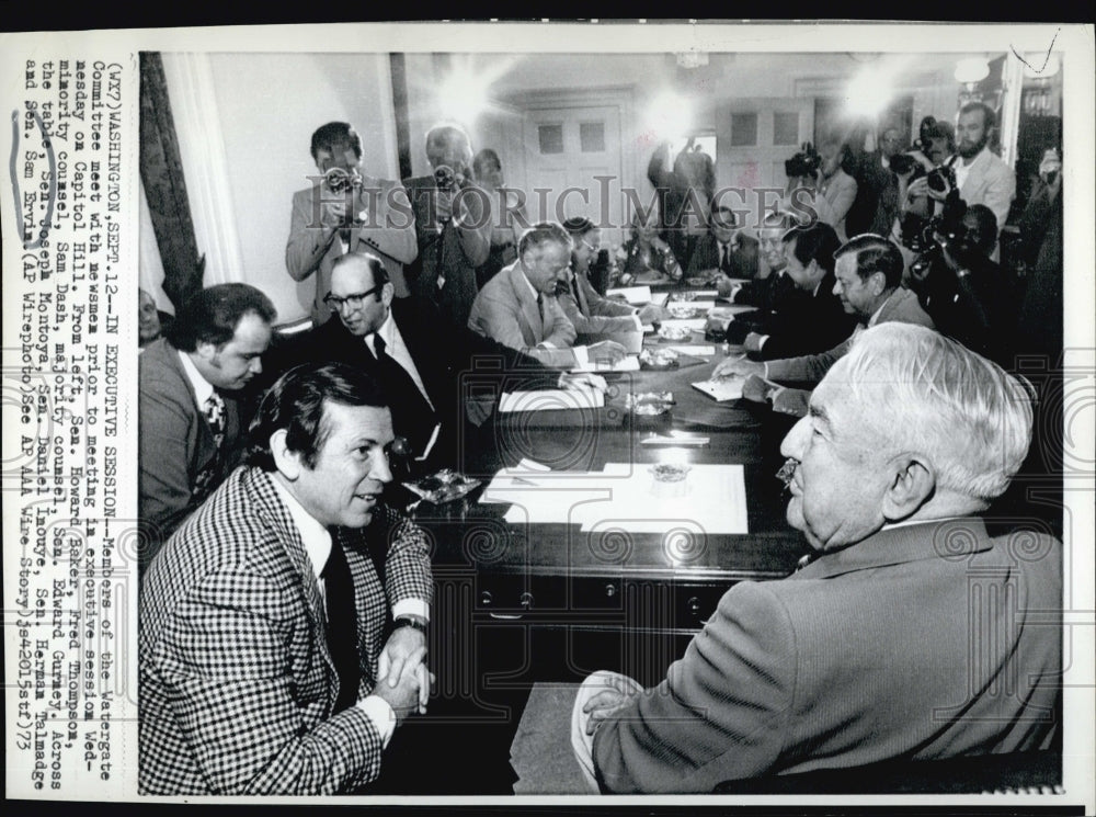 1973 Press Photo Watergate Comm Sen J Montoya &amp; Sen Ed Gurney,Sen S Ervin,S Dash - Historic Images