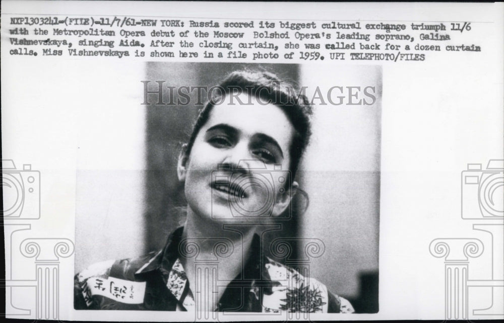 1961 Press Photo Moscow Bolshoi Opera's leading Soprano Galina Vishnevskaya - Historic Images