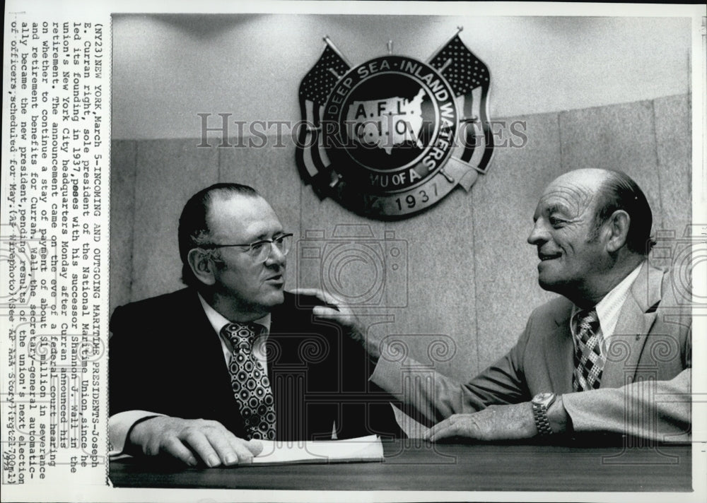 1973 Press Photo Pres Jospeh E Curran/Shannon Wall Nat'l Maritime Union AFL-CIO - Historic Images