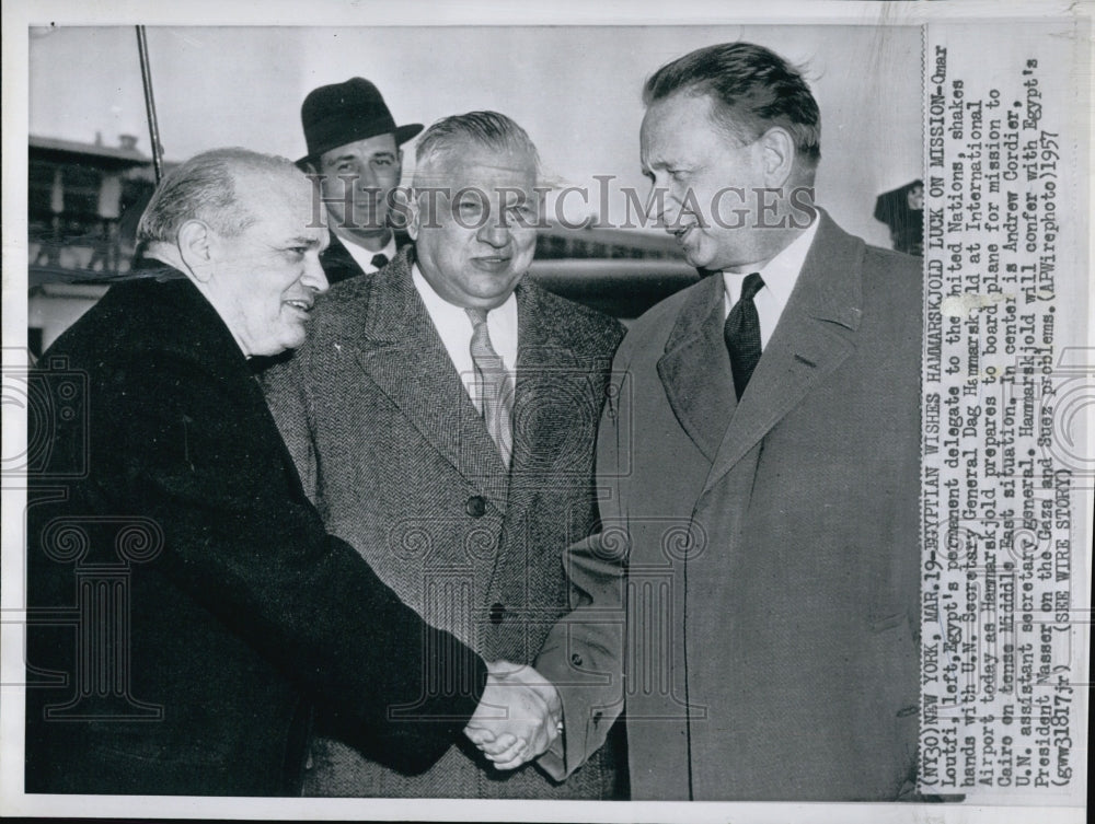 1957 Press Photo Omar Loutfi of Egypt &amp; UN Sec General Dag Hammarsk - Historic Images