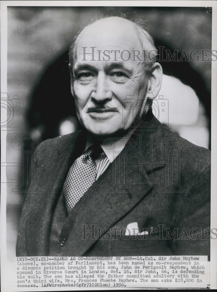 1950 Press Photo Lt Col Sir John Mayhew in Divorce Suit with Son and Snn&#39;s wife - Historic Images