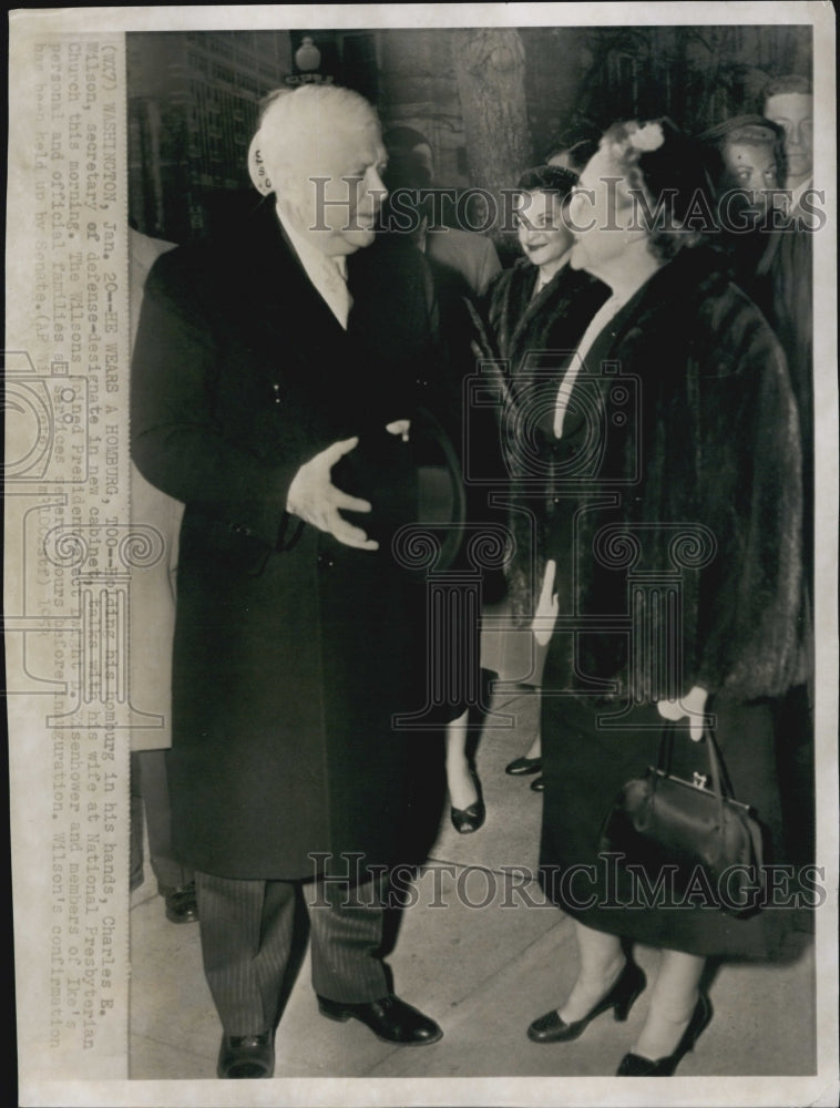 1954 Press Photo Defense Sec. Charles E. Wilson talking with his wife. - Historic Images