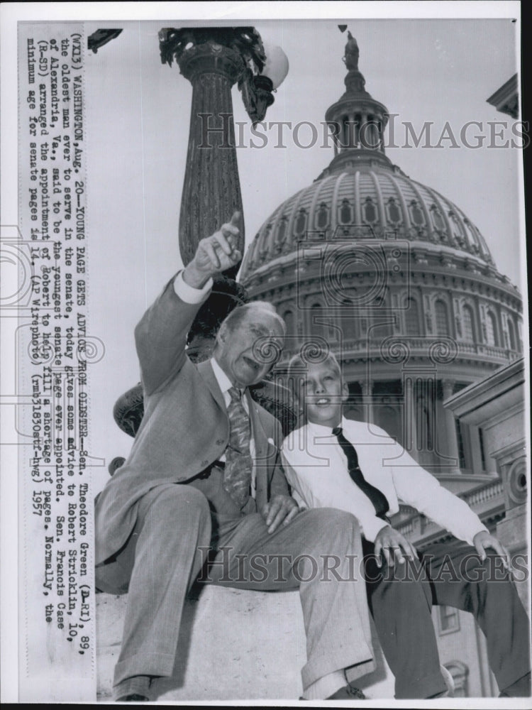 1957 Press Photo Sen. Theodore Green gives advice to 10 yr old Robert Stricklin - Historic Images