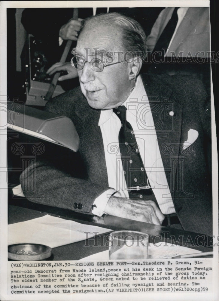 1959 Press Photo Sen. Theodore F. Green resigns from Foreign Relations Committee - Historic Images