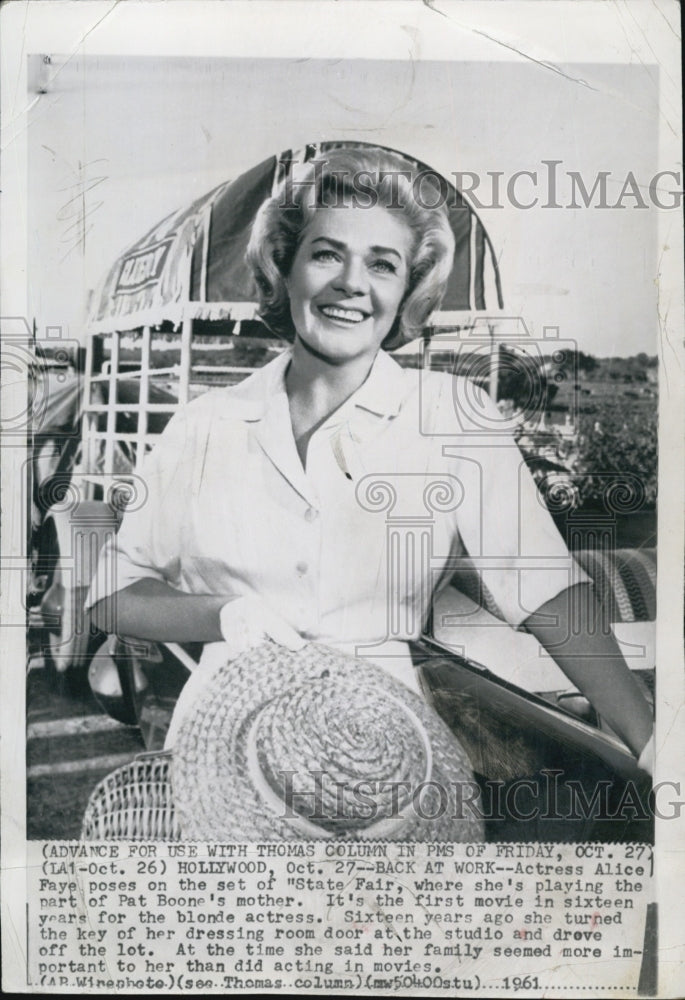 1961 Actress Alice Faye on set of State Fair. - Historic Images