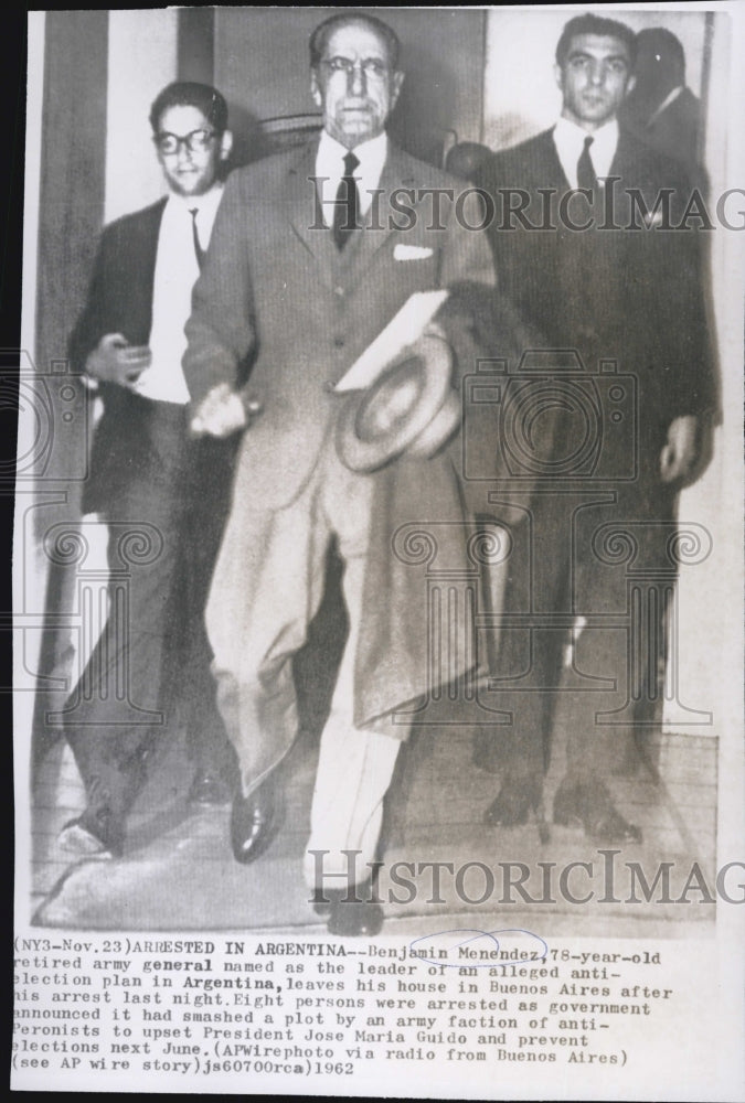 1962 Press Photo Benjamin Menendez , leader of anti-election plan in Argentina - Historic Images