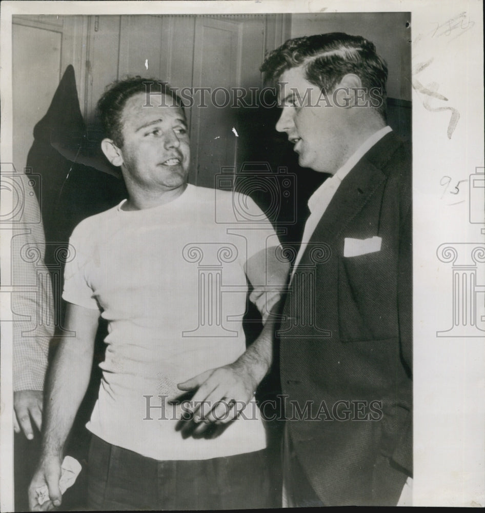 1956 Press Photo Nathan Brown Questioned By Policeman John Casey Ran Over Woman - Historic Images