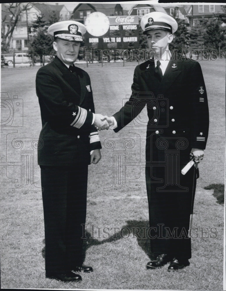 1956 Press Photo Joseph J. Beard congratulated by Rear Adm. John A. Snackenberg - Historic Images