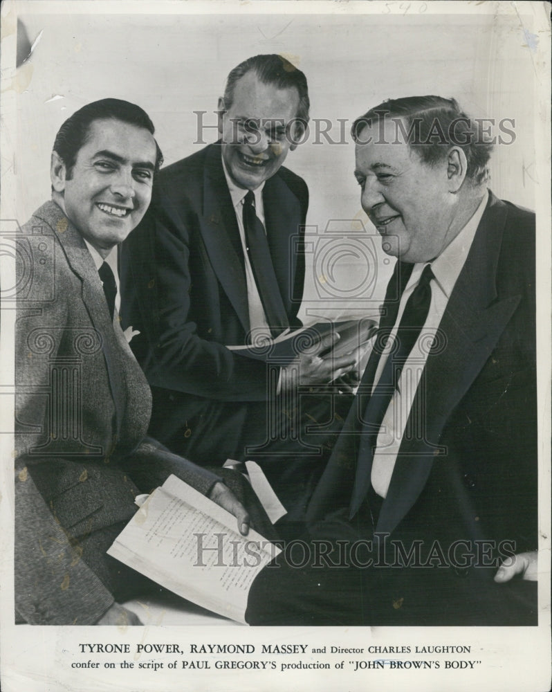 1952 Press Photo Tyrone Power,Raymond Massey &amp; Director Chas Laughton - Historic Images