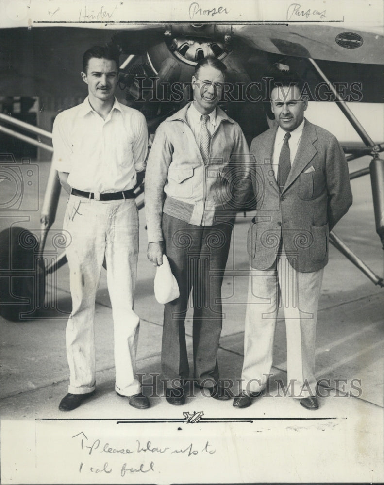 1933 Press Photo Lew Hindert,Warren Prosser & C.L. (Poss) Parsons At Airport - Historic Images