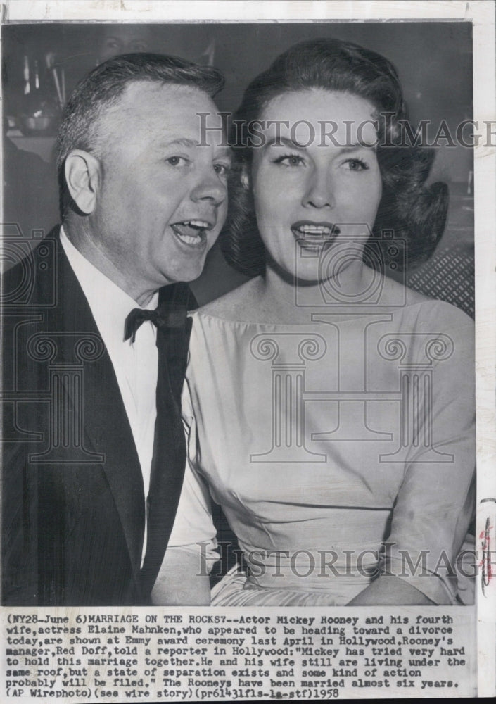 1958 Press Photo Actor Mickey Rooney,4th Wife Elaine Mahnken,Emmy Ceremony, - Historic Images