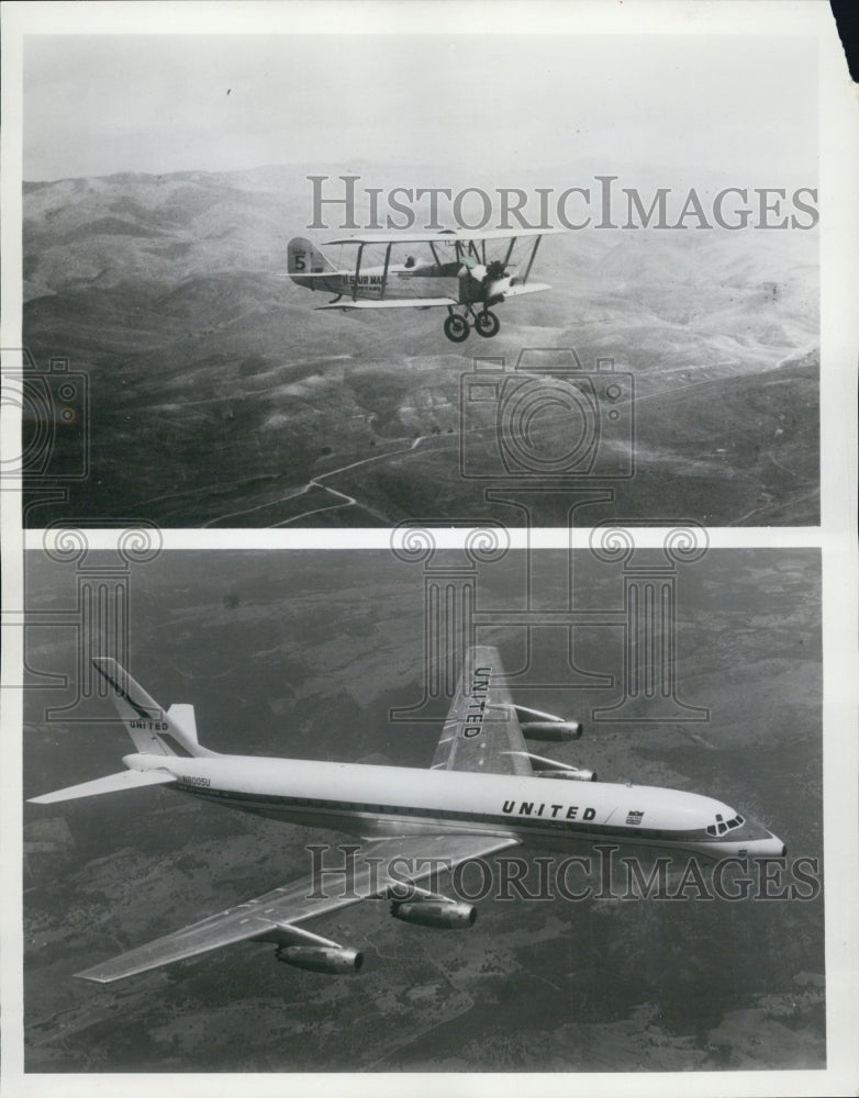 Press Photo Swallow Biplane United DC-8 Jet 40th Year Celebration Commercial - Historic Images