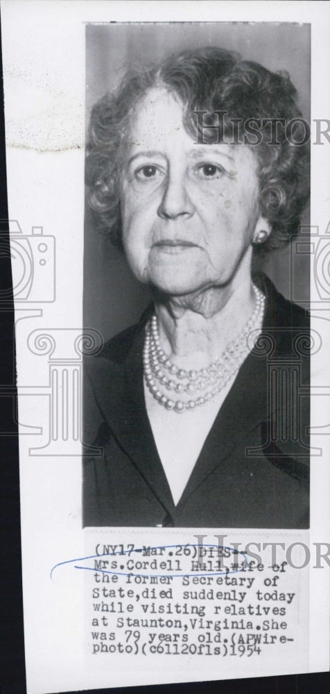 1954 Press Photo Mrs. Cordell hull Dies at Age 79 - Historic Images