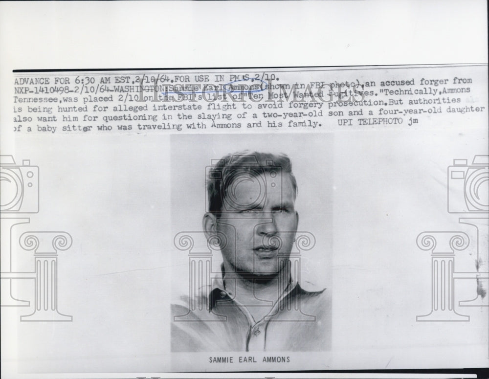 1964 Press Photo Sammie Earl Ammons, FBI list of most wanted fugitive. - Historic Images