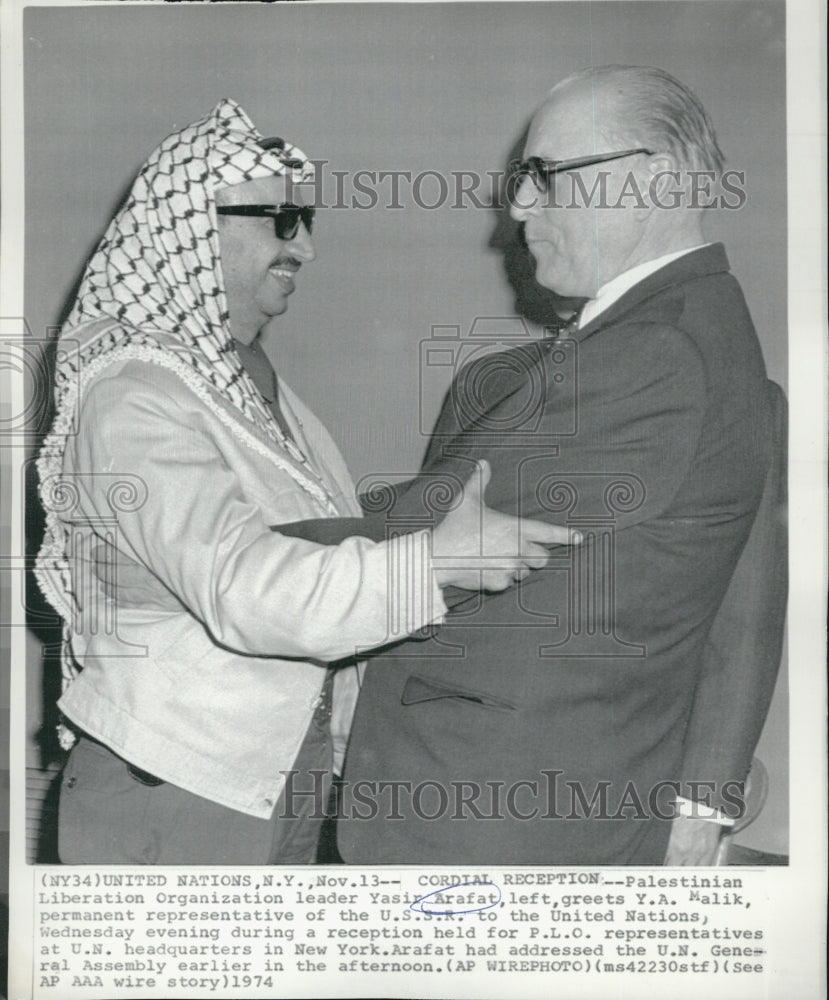 1974 Press Photo Palestinian Leader Yasir Arafat &amp; Y.A. Malik of U.S.S.R. at UN - Historic Images