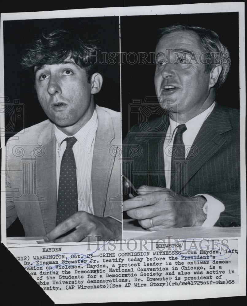 1968 Press Photo Tom Hayden,left,and Dr Kingman Brewster Jr,testify,Comm on Viol - Historic Images