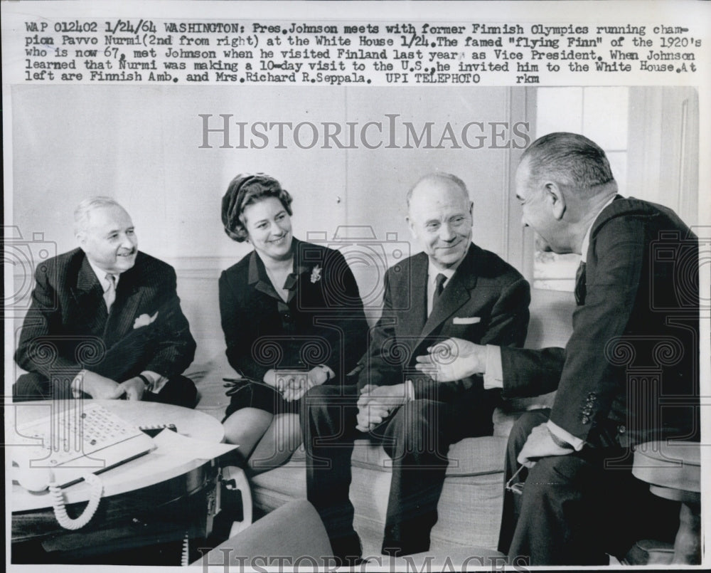 1964 Press Photo President Johnson &amp; Former Finnish Olympics Champ Pavvo Nurmi - Historic Images