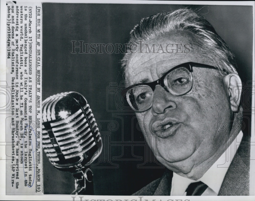 1964 Press Photo Italy&#39;s Top Red Palmiro Togliatti Addressing Party Conference - Historic Images
