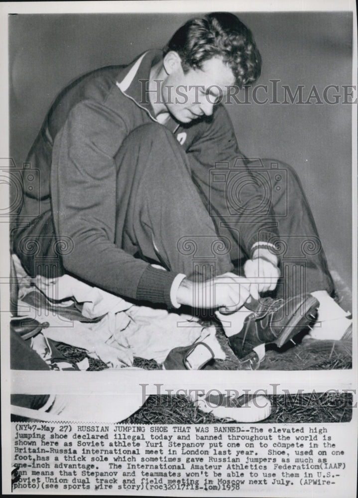 1958 Press Photo High Jumping Shoe Worn by Russian Athlete Stepanov Were Banned - Historic Images