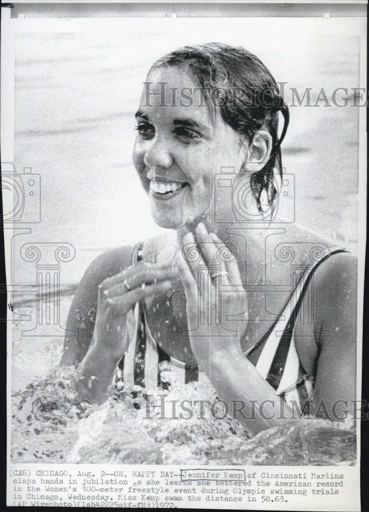 1972 Press Photo Jennifer Kemp Setting New Record in 100-Meter Freestyle 58.63 - Historic Images
