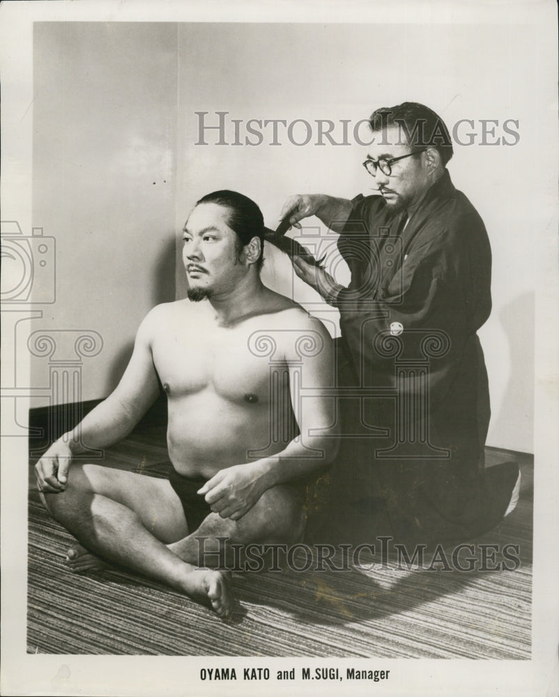 1955 Press Photo Wrestler Oyama Kato &amp; M. Sugi, Manager - Historic Images