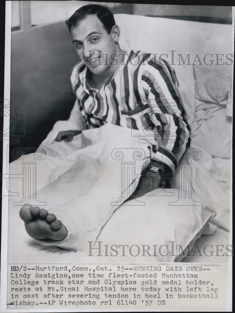 1957 Press Photo Lindy Remigino Olympic Gold Medalist in Track Severed Tendon - Historic Images