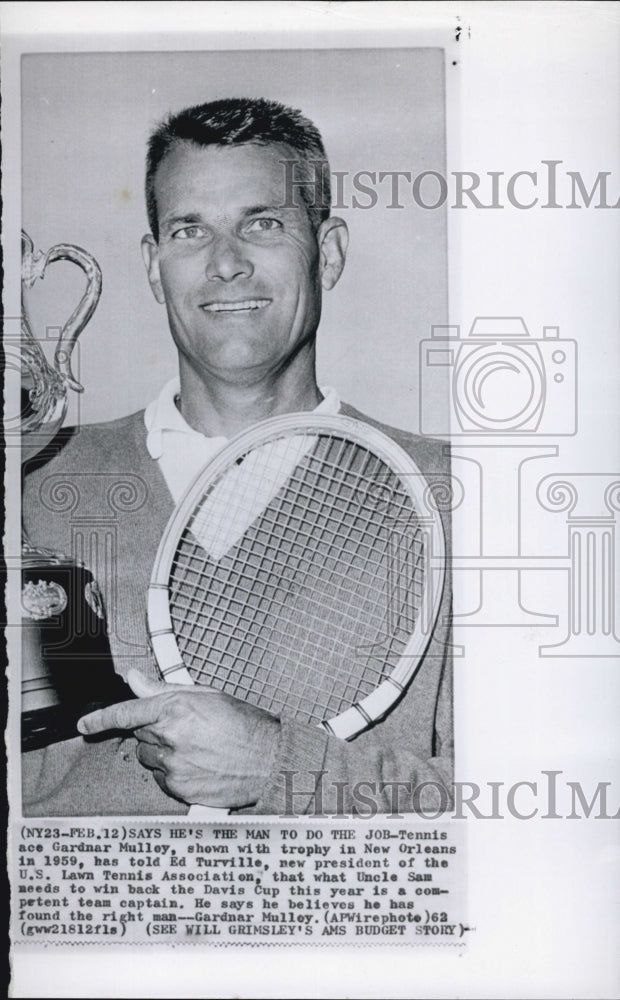 1962 Press Photo Tennis Ace Gardner Mulley Pres of US Lawn Tennis Association - Historic Images