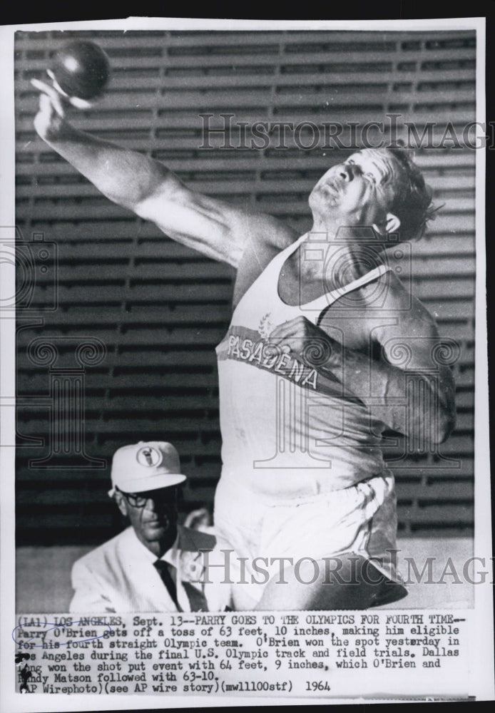 1964 Press Photo Perry O&#39;Brien in His 4th Olympic Appearance with Shoput - Historic Images