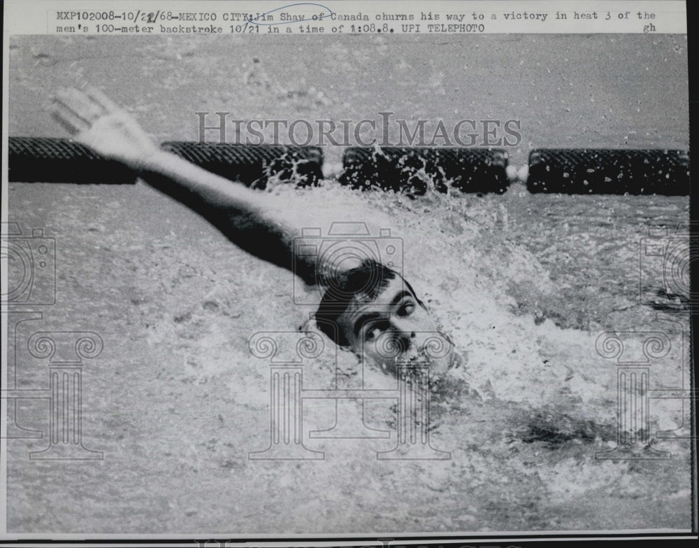 1968 Press Photo Jim Shaw of Canada men&#39;s 100 meter backstroke - Historic Images