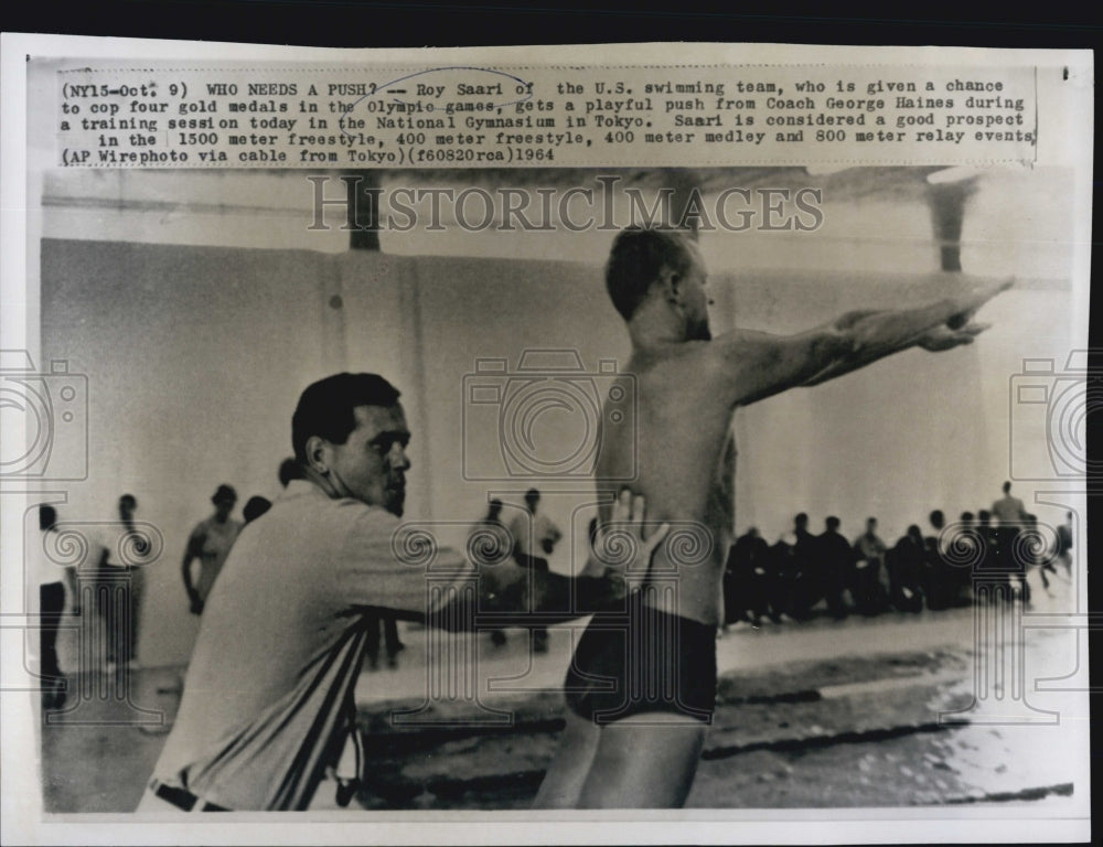 1964 Press Photo Roy Saari US swim team Coach George Haines Olympic Games - Historic Images