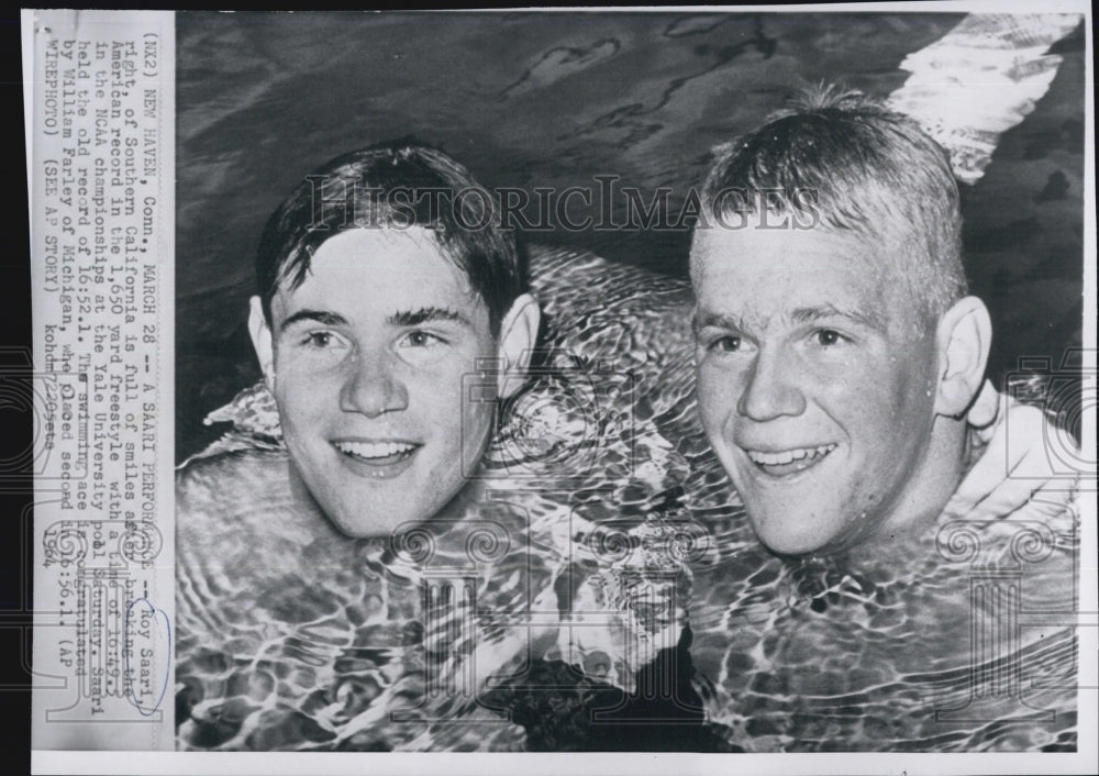 1964 Press Photo Roy Saari Breaks American Record In 1,650 Yard Freestyle - Historic Images