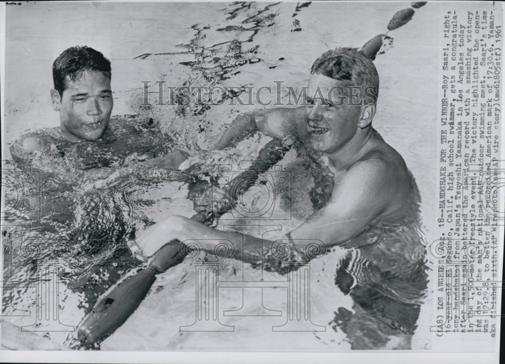 1961 Press Photo Roy Sarri &amp; Tsuyoshi Yamanaka In Swimming Championship - Historic Images