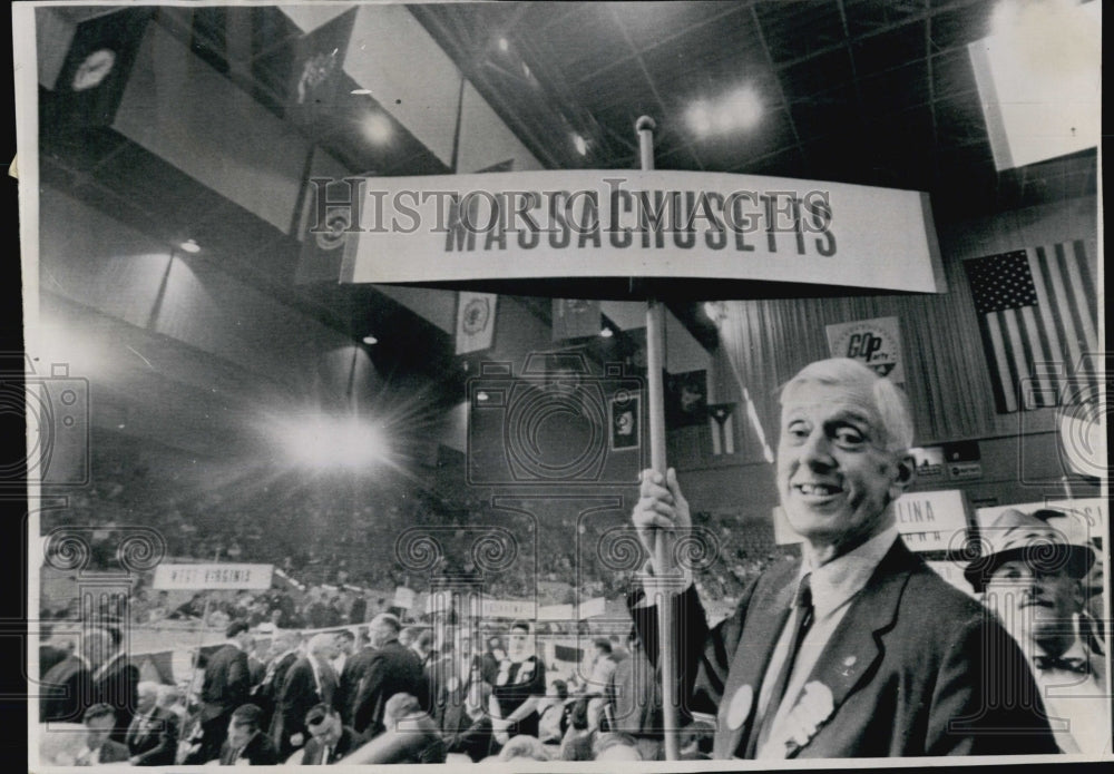 1964 Press Photo Senator Leverett Saltonstall Holding Up State&#39;s Standard - Historic Images