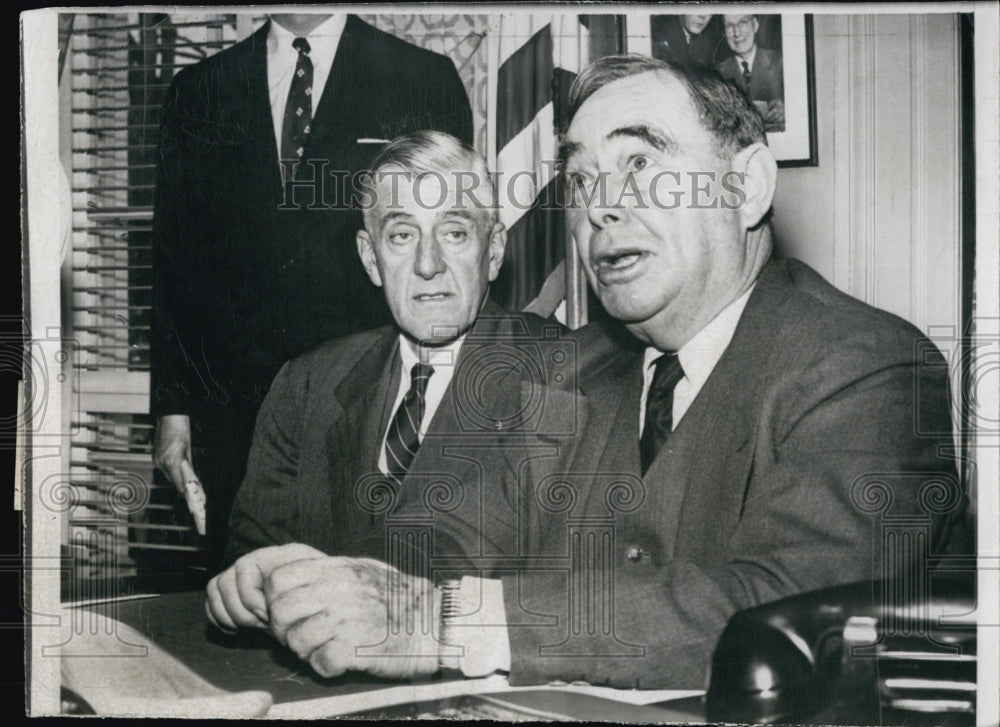 1956 Press Photo Leverett Saltonstall & Joseph W. Martin discuss farm bill - Historic Images
