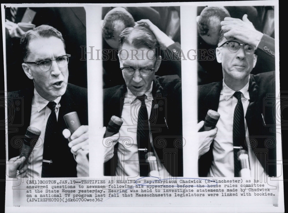 1962 Press Photo Rep Harrison Chadwick,answering questions at hearing,State Hse - Historic Images