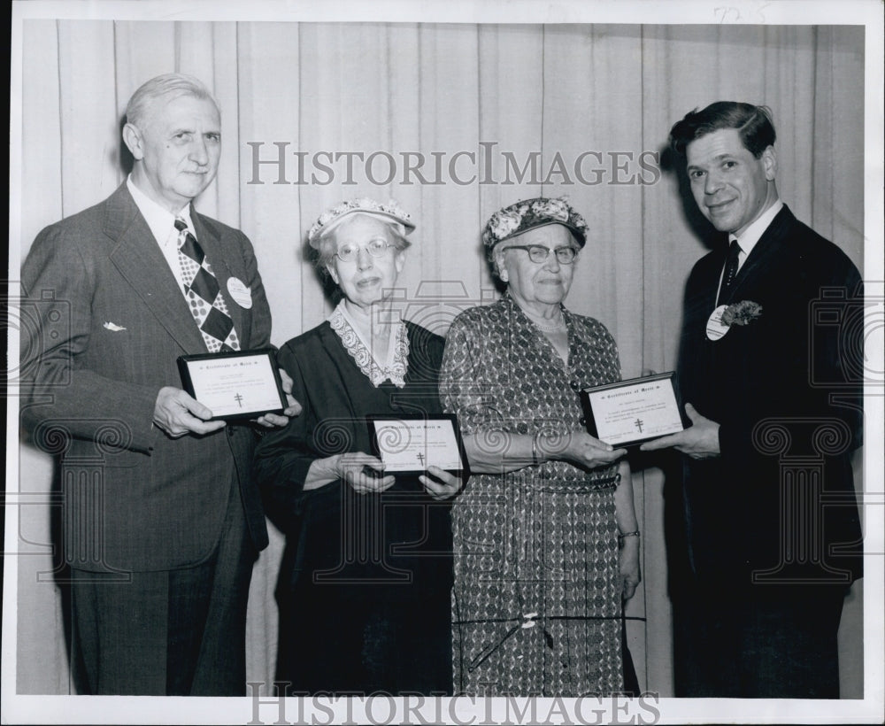 1959 Awards Presemted to Joseph Dinan, Elsie Paine, Mrs Schofield - Historic Images