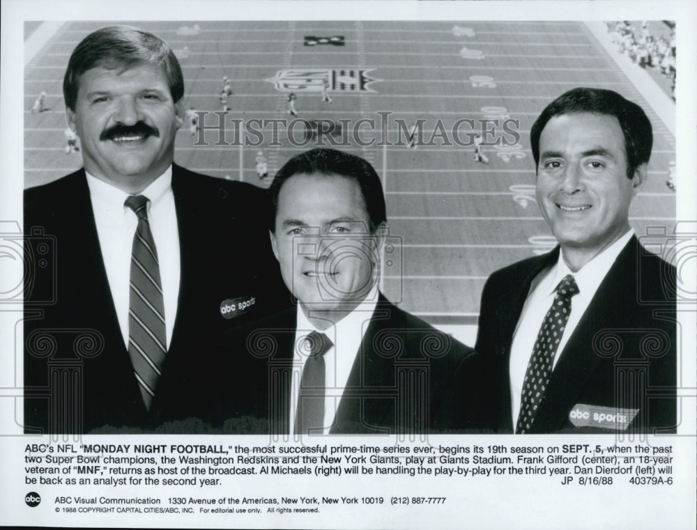 1988 Press Photo Frank Gifford, Al Michaels &amp; Dan Dierdorf of &quot;Monday Night Foot - Historic Images