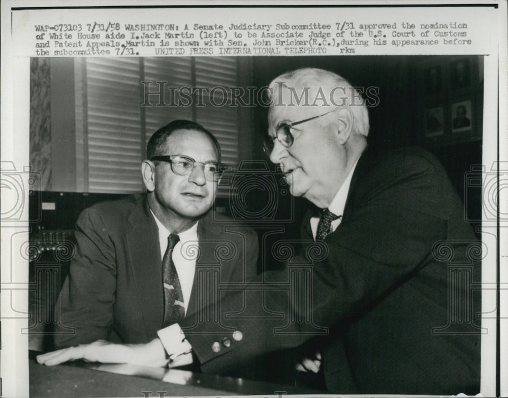 1958 Press Photo Jack Martin Associate Judge US Court of Customs &amp; Sen Bricker - Historic Images