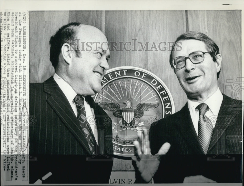 1972 Press Photo Former U.S. Defense Sec. Melvin Laird and Elliot L. Richardson. - Historic Images